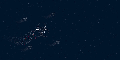 Obraz na płótnie Canvas A biohazard symbol filled with dots flies through the stars leaving a trail behind. Four small symbols around. Empty space for text on the right. Vector illustration on dark blue background with stars