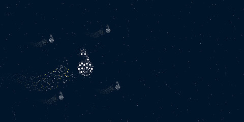 A bomb symbol filled with dots flies through the stars leaving a trail behind. Four small symbols around. Empty space for text on the right. Vector illustration on dark blue background with stars