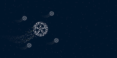 Obraz na płótnie Canvas A car wheel symbol filled with dots flies through the stars leaving a trail behind. Four small symbols around. Empty space for text on the right. Vector illustration on dark blue background with stars