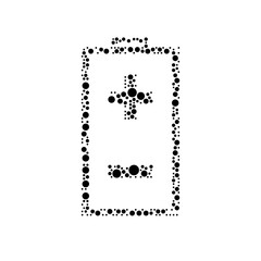 A large battery symbol in the center made in pointillism style. The center symbol is filled with black circles of various sizes. Vector illustration on white background