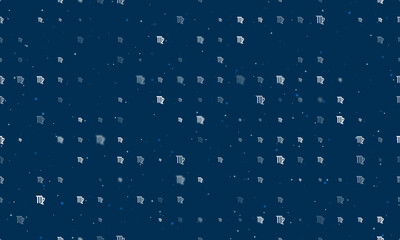 Seamless background pattern of evenly spaced white zodiac virgo symbols of different sizes and opacity. Vector illustration on dark blue background with stars