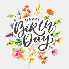 Obraz premium Happy birthday Watercolor autumn frame. Wreath made of hand drawn autumn leaves and flowers. Greeting card or Invitation