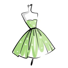 Green dress with white polka dots on a mannequin. Linear graphics. Illustration on white background. For postcards and business cards