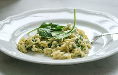 Pasta with Mascarpone cheese sauce and spinach on a white plate with a silver fork