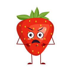 Fototapeta premium Cute strawberry characters with angry emotions, face, arms and legs. The funny or grumpy hero, red fruit and berry