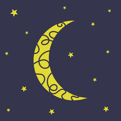 Ramadan Greeting Card with Dark Crescent Background and three stars