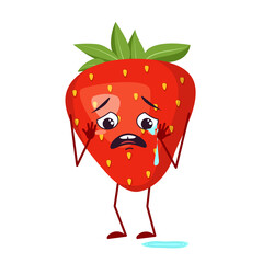 Cute strawberry characters with crying and tears emotions, face, arms and legs. The funny or sad hero, red fruit and berry