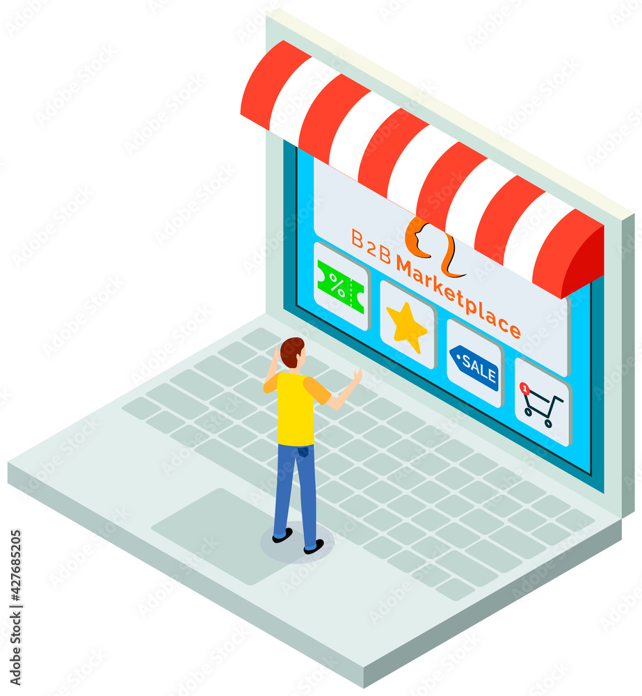 Poster man using application for buying and ordering goods via internet. monitor with sales website