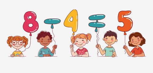 Funny kids with number balloons. Vector cute boys and girls collection. Multi-ethnic group of happy children. Different cartoon faces icons