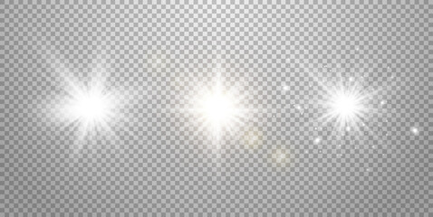 White glowing light explodes on a transparent background. Sparkling magical dust particles. Bright Star. Transparent shining sun, bright flash. Vector sparkles.