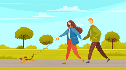 Couple in relationship walking in city park with their pet. Romantic walk with cute running puppy