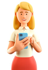 3D illustration of beautiful blonde woman looking at smartphone and chatting. Smiling businesswoman talking and typing on the phone. Social networks communication, mobile connection.