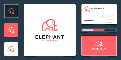 Minimalist cute elephant logo with line art style and business card template