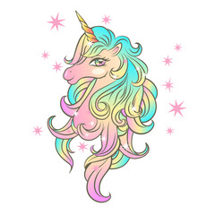 Cute magical unicorn with stars. Vector illustration of a unicorn head.