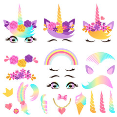 Set of design elements for a unicorn head in a wreath of flowers. © Natalia