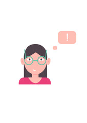 Business icon. Icon of a girl with glasses. Girl in glasses
exclaims. Exclamation point. Young brunette in a pink sweater. Vector illustration. Isolated.

