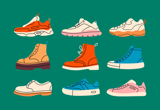 Various Shoes icons collection. Boots, sport shoes, sneaker, hiking footwear and other shoes for training. Men's and women's footwear. Hand drawn Vector illustrations. All elements are isolated