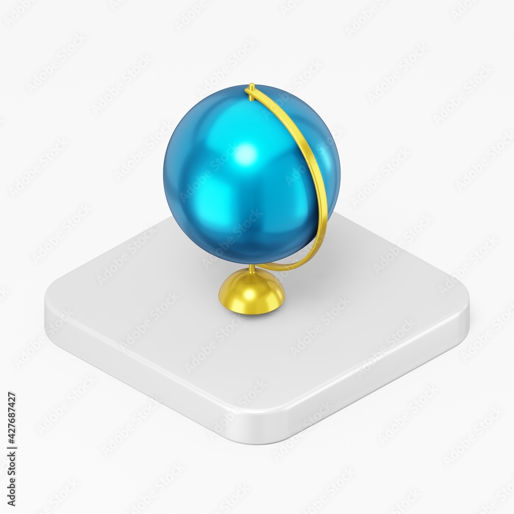 Poster globe icon on a stand. 3d rendering square button key isometric view, interface ui ux element.