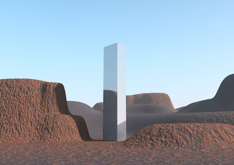 A mysterious metallic monolith in the middle of a rocky desert landscape. 3d Illustration