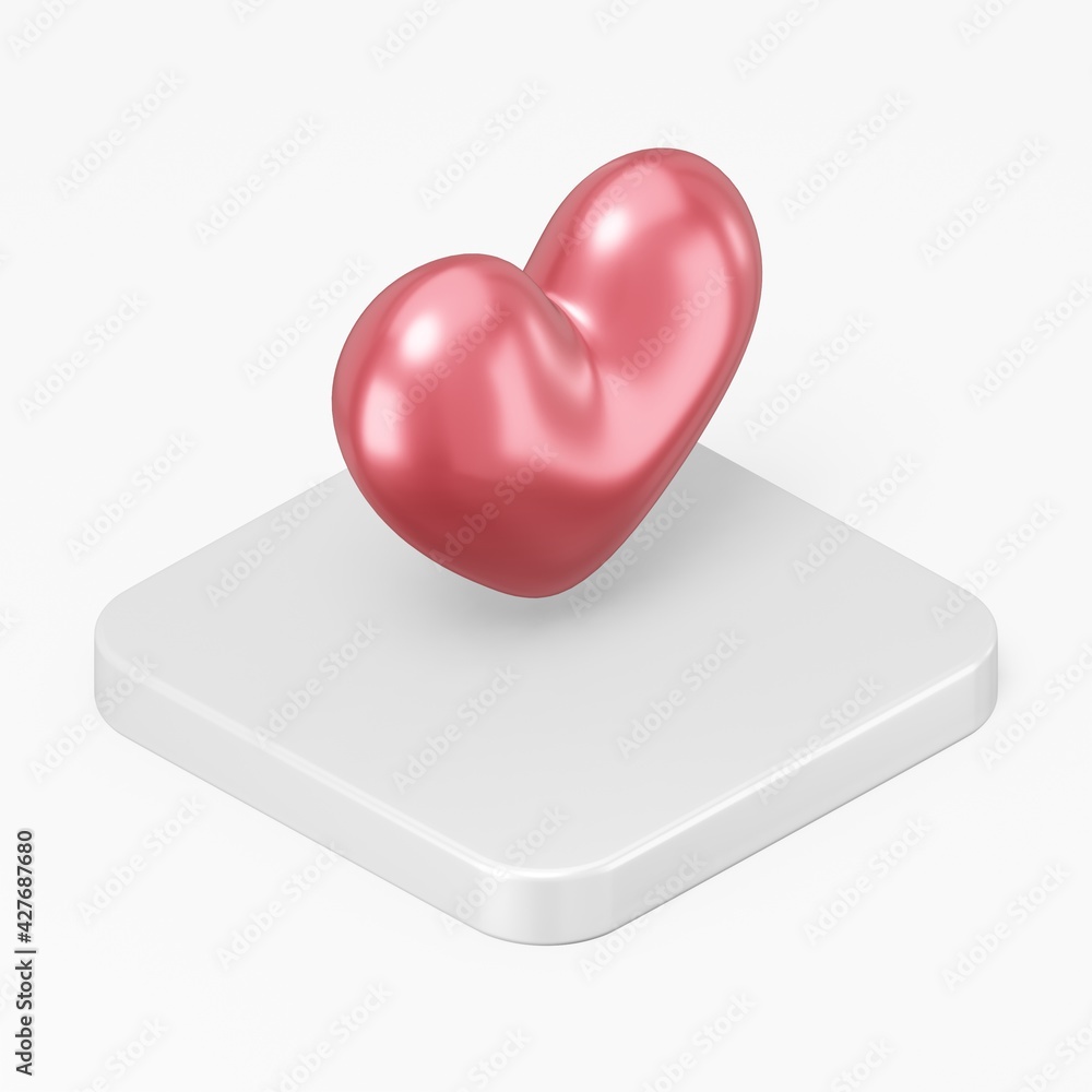 Poster red realistic heart icon. 3d rendering square button key isometric view, interface ui ux element.