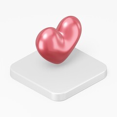 Red realistic heart icon. 3d rendering square button key isometric view, interface ui ux element.