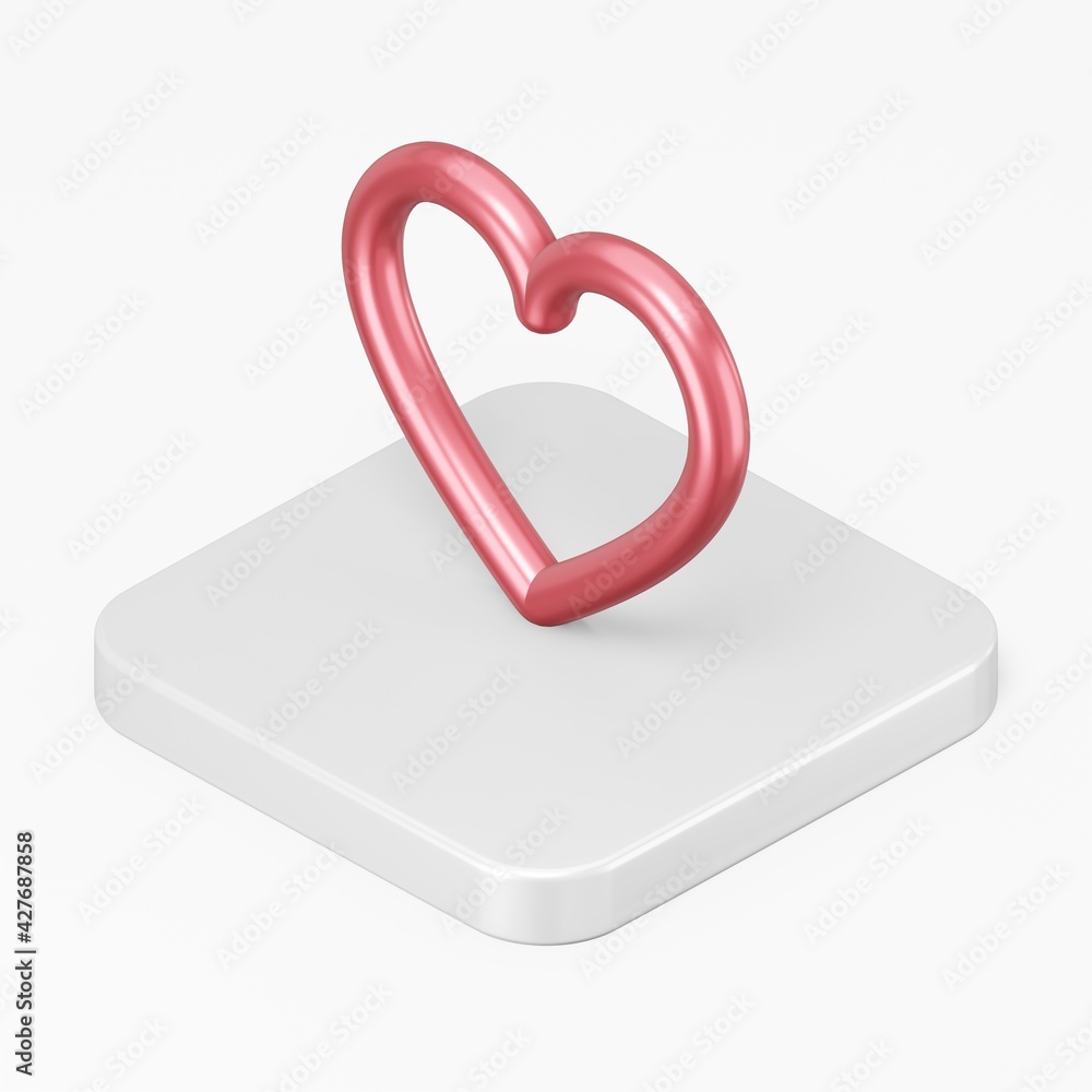 Poster red stylized heart icon. 3d rendering square button key isometric view, interface ui ux element.