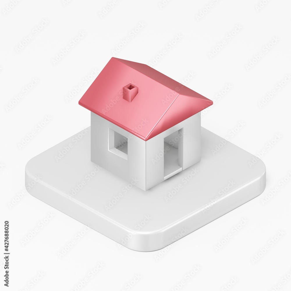 Poster white house icon with red roof. 3d rendering square button key isometric view, interface ui ux eleme