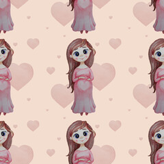 Seamless patterns. Cute pregnant girl with a hairstyle with long hair in a pink dress on pink background with hearts. Watercolor. Freehand drawing For wallpaper, textiles, decor and packaging