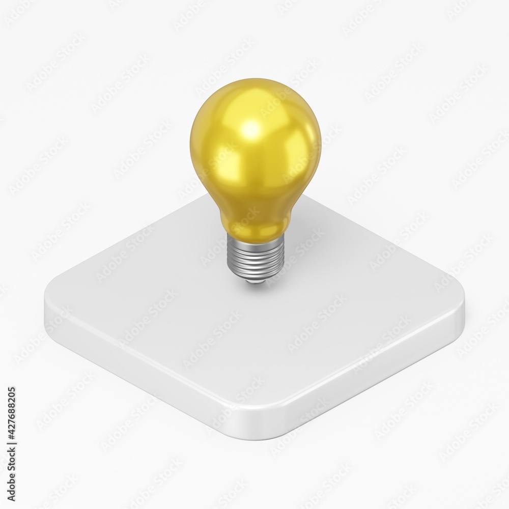 Poster yellow realistic light bulb icon. 3d rendering square button key isometric view, interface ui ux ele