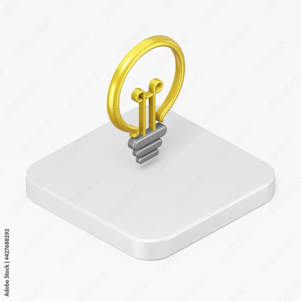 Poster yellow flat light bulb icon. 3d rendering square button key isometric view, interface ui ux element.