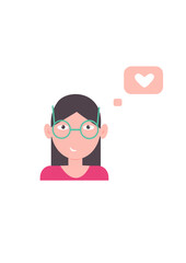 Technical support icon. Icon of a girl with glasses. Girl in glasses. Heart icon. Evaluates. Like. Young brunette in a pink sweater. Vector illustration. Isolated.