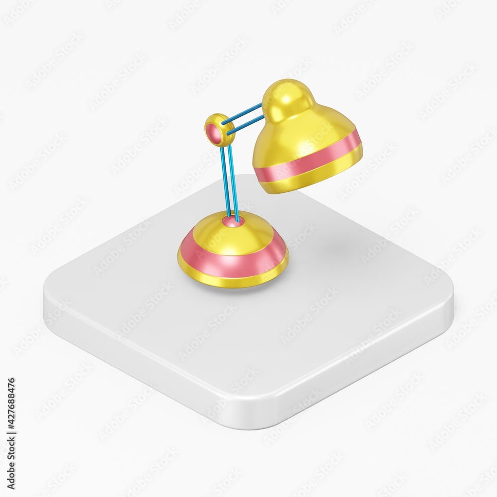 Poster colored table lamp icon. 3d rendering square button key isometric view, interface ui ux element.