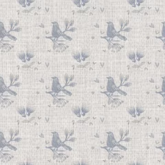 Wallpaper murals Farmhouse style Seamless french farmhouse bird linen printed fabric background. Provence blue pattern texture. Shabby chic style woven background. Textile rustic scandi all over print effect. Watercolor paint motif