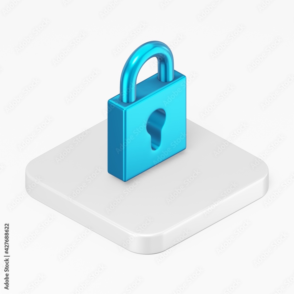 Poster closed blue padlock icon. 3d rendering square button key isometric view, interface ui ux element.
