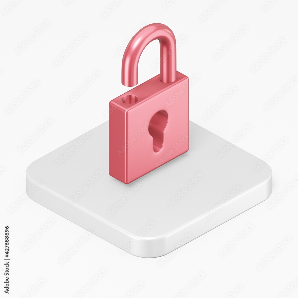 Poster open red padlock icon. 3d rendering square button key isometric view, interface ui ux element.
