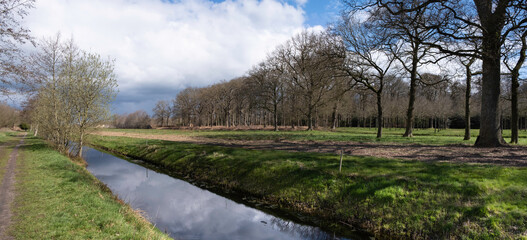 Sunny panoramic landscape in early spring with a path next to a wide ditch with a forest at the back with a blue cloudy sky. Widescreen photo