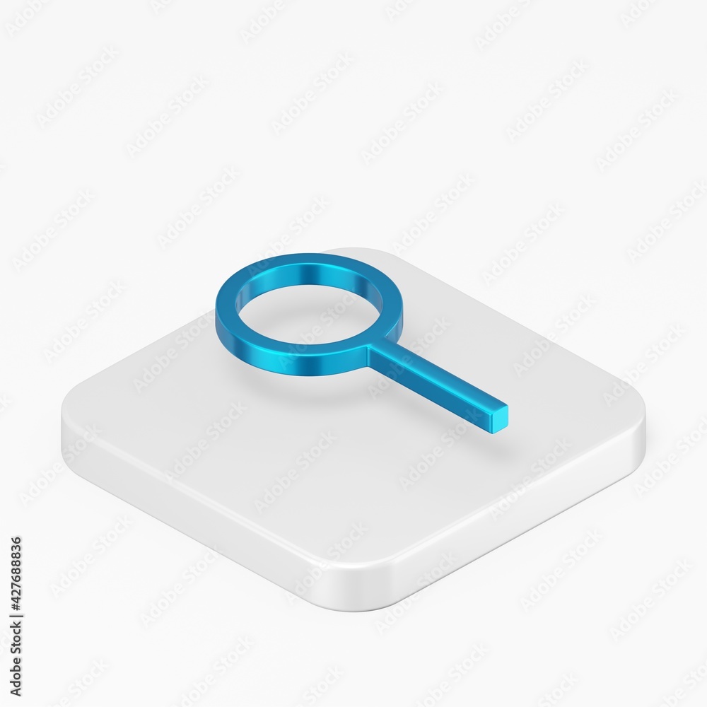 Poster minimalistic blue magnifying glass icon. 3d rendering square button key isometric view, interface ui