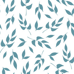 Light blue dusty leaves on a white background. Delicate botanical print. Seamless pattern. Hand drawn illustration. For printing on fabric, packaging design.