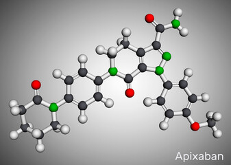 Apixaban molecule. It is pyrazolopyridine, anticoagulant and direct inhibitor of factor Xa which is used to decrease the risk of venous thromboses. Molecular model. 3D rendering.