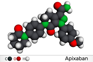 Apixaban molecule. It is pyrazolopyridine, anticoagulant and direct inhibitor of factor Xa which is used to decrease the risk of venous thromboses. Molecular model. 3D rendering.