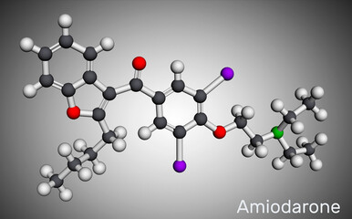 Amiodarone molecule. It is antiarrhythmic, vasodilatory, cardiovascular drug. Molecular model. 3D rendering