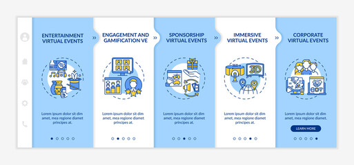 Remote events kinds onboarding vector template. Responsive mobile website with icons. Web page walkthrough 5 step screens. Gamification, immersive sessions color concept with linear illustrations