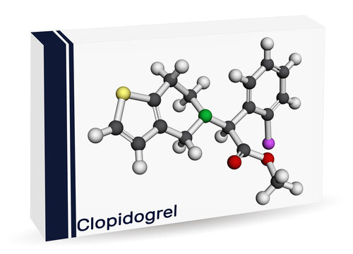 Clopidogrel molecule. It is prodrug, antiplatelet medication, used to reduce risk of myocardial infarction and stroke. Molecule model. Paper packaging for drugs. 3D rendering