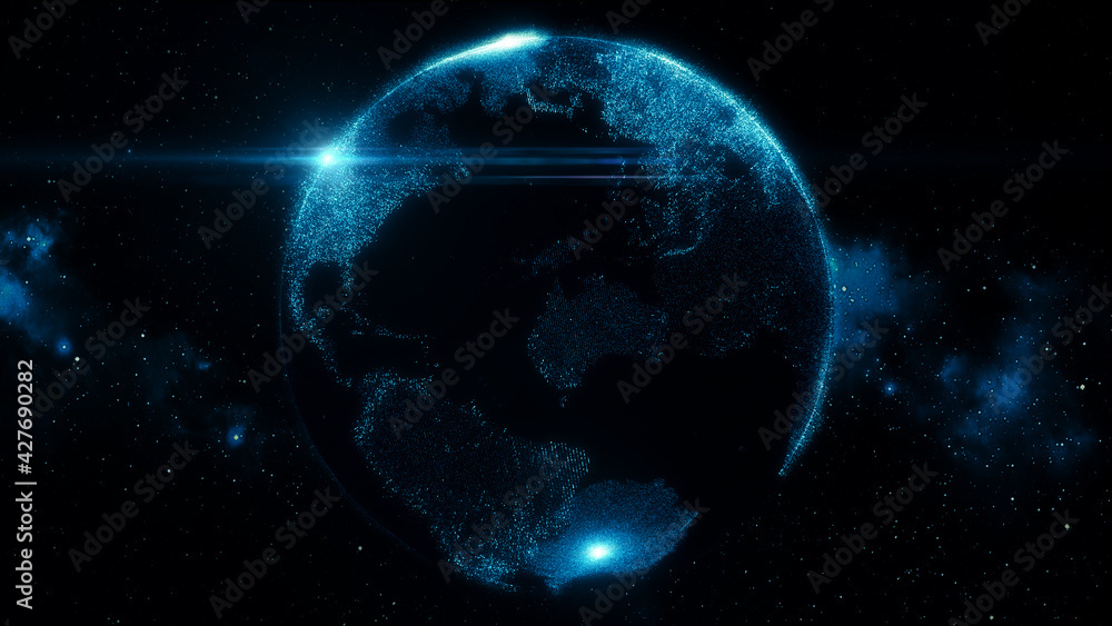 Aufkleber earth digital particle motion graphic glow turn around with 3d rendering.