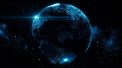 Fototapeta na wymiar Earth digital particle motion graphic glow turn around with 3d rendering.