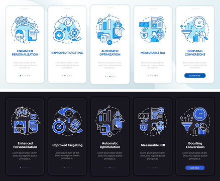 User behaviour analytics onboarding vector template. Responsive mobile website with icons. Web page walkthrough 4 step screens. Digital marketing day, night, theme concept with linear illustrations