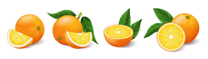 Realistic bright yellow oranges with green leaf whole and sliced set