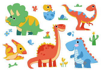 Fototapeta premium Clipart set of cute colored dinosaurs. T-rex, diplodocus, triceratops, pterodactel. Vector illustration in cartoon style fun