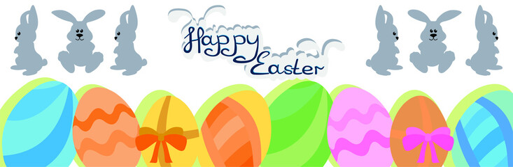 happy easter banner poster greeting eggs written text on white background