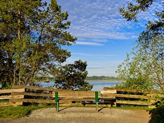 Fototapeta na wymiar Bench overlooking the ocean shore in the park in Central Saanich, BC